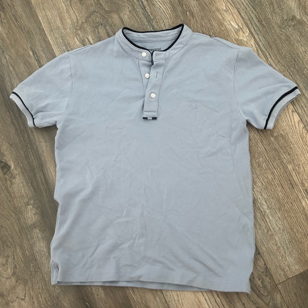 Mayoral blue shirt button navy accent hem boys size 9